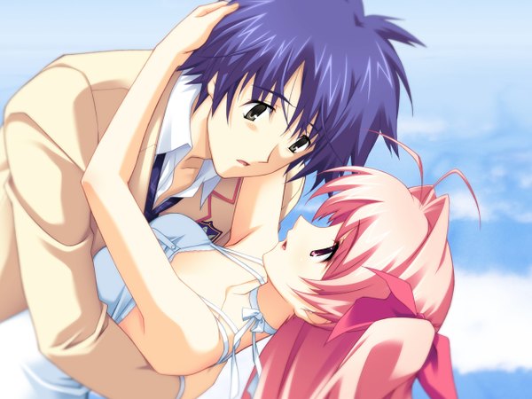 Anime picture 1280x960 with chaos;head sakihata rimi nishijou takumi long hair short hair pink hair sky dress serafuku