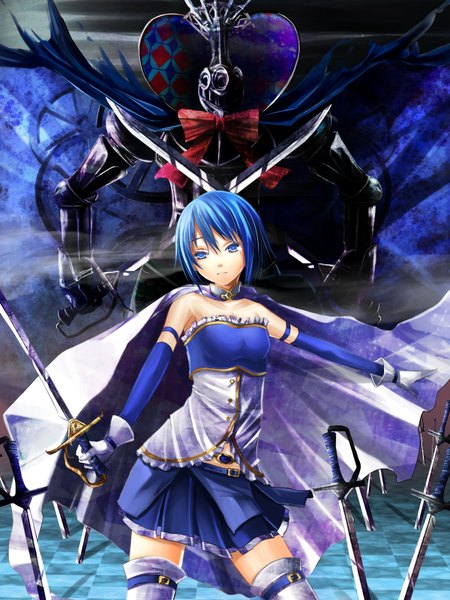 Anime picture 1200x1600 with mahou shoujo madoka magica shaft (studio) miki sayaka reio reio tall image short hair blue eyes bare shoulders blue hair checkered floor witch girl skirt gloves weapon detached sleeves miniskirt sword katana cloak