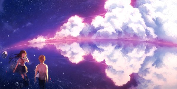 Anime picture 2471x1250 with original hakusai (tiahszld) highres short hair blonde hair brown hair wide image looking away cloud (clouds) pleated skirt from above wind night night sky reflection horizon girl boy skirt uniform