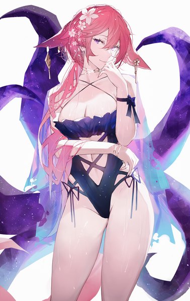 Anime picture 1134x1800 with genshin impact yae miko qiandaiyiyu single long hair tall image looking at viewer fringe breasts light erotic simple background smile hair between eyes large breasts standing white background purple eyes animal ears pink hair cleavage