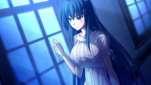 Anime picture 1024x576 with zero infinity long hair blush breasts blue eyes light erotic wide image large breasts blue hair game cg girl dress hair ornament window hairclip