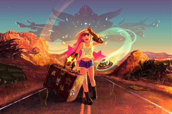 Anime picture 1500x1000 with original narm (artist) open mouth blonde hair smile pink hair sky eyes closed multicolored hair sunlight two-tone hair mountain science fiction girl navel shorts short shorts star (stars) thigh boots sunglasses