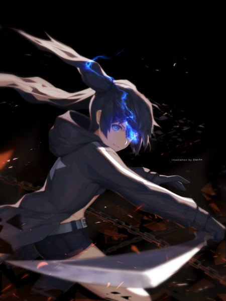 Anime picture 960x1280 with black rock shooter black rock shooter (character) dmith (baguscasbon) single long hair tall image looking at viewer blue eyes black hair simple background twintails holding signed glowing black background glowing eye (eyes) fighting stance backlighting girl weapon