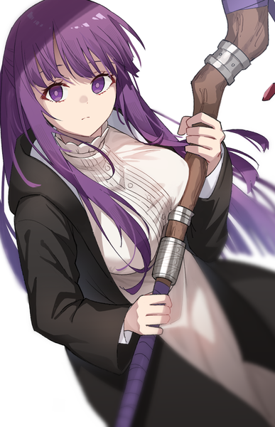 Anime picture 1065x1653 with sousou no frieren fern (sousou no frieren) profnote single long hair tall image looking at viewer fringe simple background white background purple eyes purple hair girl dress white dress staff