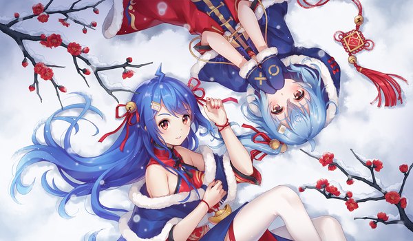 Anime picture 2000x1166 with bilibili douga bili girl 33 bili girl 22 carminar long hair looking at viewer blush highres short hair red eyes wide image bare shoulders multiple girls blue hair ahoge outdoors lying nail polish traditional clothes parted lips
