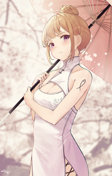 Anime picture 1399x2185 with original star741 single tall image looking at viewer blush fringe short hair breasts blonde hair standing bare shoulders holding signed payot cleavage blunt bangs traditional clothes head tilt pink eyes