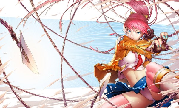 Anime picture 1436x870 with original elpinoy single long hair blue eyes light erotic wide image pink hair ponytail very long hair nail polish wind realistic spread legs zettai ryouiki upskirt shiny clothes wind lift leather girl