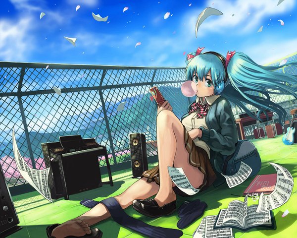 Anime picture 1200x961 with vocaloid hatsune miku long hair twintails sky cloud (clouds) aqua eyes wind aqua hair music girl skirt petals headphones bubble (bubbles) musical instrument guitar phone roof piano
