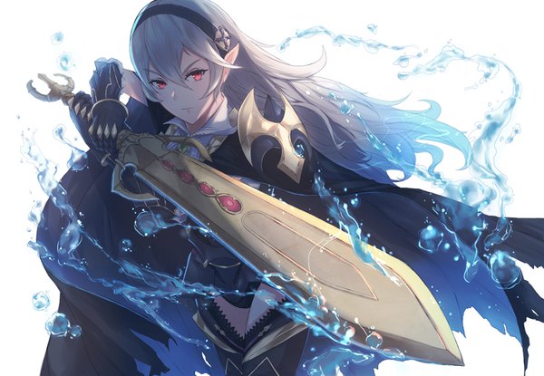 Anime picture 975x675 with fire emblem fire emblem fates nintendo corrin (fire emblem) corrin (female) (fire emblem) kachi single long hair fringe light erotic simple background hair between eyes red eyes white background pointy ears grey hair fighting stance girl weapon sword