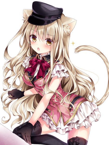 Anime picture 700x929 with original nogi takayoshi single long hair tall image looking at viewer blush fringe open mouth simple background hair between eyes brown hair white background brown eyes animal ears tail animal tail cat ears :o cat girl