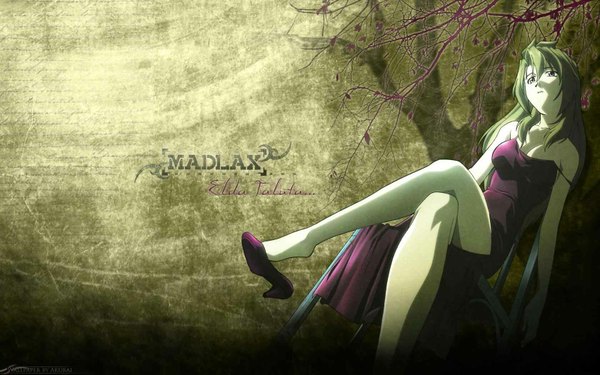 Anime picture 1680x1050 with madlax madlax (character) single long hair blonde hair wide image sitting grey eyes crossed legs looking up girl dress plant (plants) tree (trees) chair