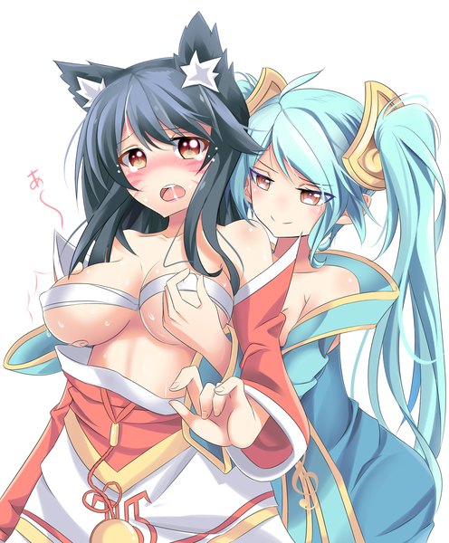 Anime picture 1653x2000 with league of legends ahri (league of legends) sona buvelle hentaki long hair tall image looking at viewer blush breasts open mouth light erotic black hair simple background smile white background twintails multiple girls animal ears blue hair orange eyes