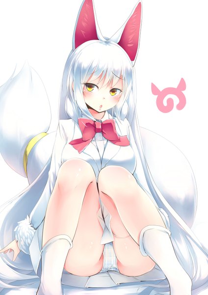 Anime picture 2480x3507 with kemono friends oinari-sama (kemono friends) kanzakietc single tall image looking at viewer blush highres breasts open mouth light erotic simple background large breasts white background animal ears yellow eyes white hair tail very long hair animal tail