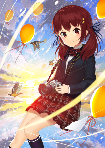 Anime picture 1756x2479 with original akamizuki (akmzk) single long hair tall image looking at viewer blush highres smile brown hair twintails brown eyes sky cloud (clouds) sunlight plaid skirt girl skirt uniform ribbon (ribbons)