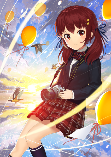 Anime-Bild 1756x2479 mit original akamizuki (akmzk) single long hair tall image looking at viewer blush highres smile brown hair twintails brown eyes sky cloud (clouds) sunlight plaid skirt girl skirt uniform ribbon (ribbons)