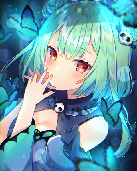 Anime picture 1501x1881 with virtual youtuber hololive uruha rushia uruha rushia (1st costume) kakyoxx single tall image blush short hair red eyes bare shoulders looking away cleavage green hair from above hair bun (hair buns) hands clasped interlocked fingers girl hair ornament