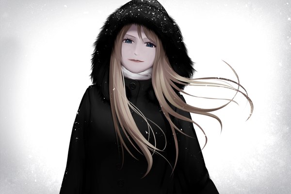 Anime picture 800x533 with original bon-da single long hair looking at viewer fringe blue eyes simple background brown hair white background wind lips gradient background winter snow girl fur hood buttons coat