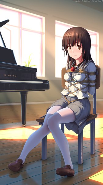 Anime picture 1080x1920 with original tokinohimitsu single long hair tall image looking at viewer blush fringe light erotic brown hair sitting brown eyes signed full body indoors pleated skirt sunlight no shoes hands behind back bondage