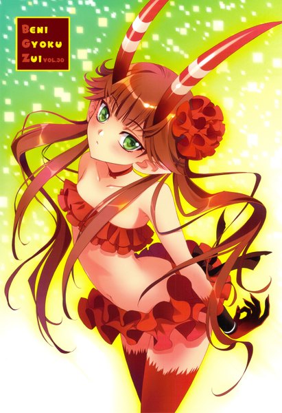 Anime picture 1097x1600 with c: the money of soul and possibility control mashu (c) carnelian single long hair tall image brown hair green eyes hair flower horn (horns) pointy ears oni horns girl navel hair ornament
