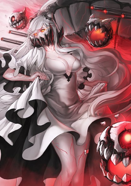 Anime picture 702x993 with kantai collection midway hime sturmjager single long hair tall image looking away white hair teeth orange eyes shinkaisei-kan girl dress hair ornament weapon gun