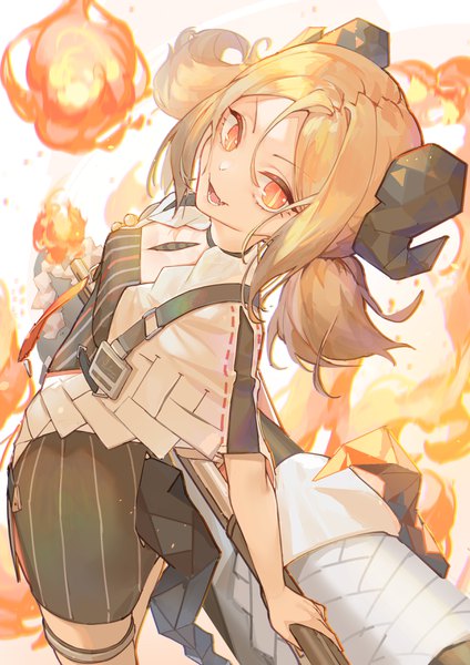Anime picture 2480x3508 with arknights ifrit (arknights) kotatsu kaya single tall image looking at viewer highres short hair open mouth blonde hair twintails :d horn (horns) from above low twintails short twintails slit pupils girl fire