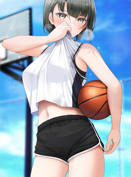 Anime-Bild 803x1081 mit original giba (out-low) single tall image looking at viewer blush fringe short hair breasts light erotic standing sky cloud (clouds) outdoors blunt bangs arm up grey hair blurry midriff grey eyes