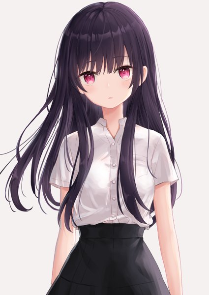 Anime picture 1003x1416 with original gantan single long hair tall image looking at viewer blush fringe breasts black hair simple background hair between eyes standing upper body parted lips pink eyes grey background short sleeves expressionless girl