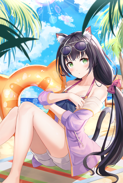 Anime picture 1349x2000 with princess connect! re:dive princess connect! karyl (princess connect!) niji (rudduf232) single long hair tall image looking at viewer blush fringe breasts black hair hair between eyes sitting twintails bare shoulders holding green eyes animal ears sky