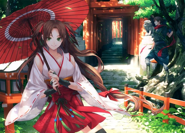 Anime picture 1200x864 with original toti (pixiv) single long hair looking at viewer short hair black hair smile brown hair bare shoulders green eyes traditional clothes profile miko girl boy bow ribbon (ribbons) plant (plants) hair bow