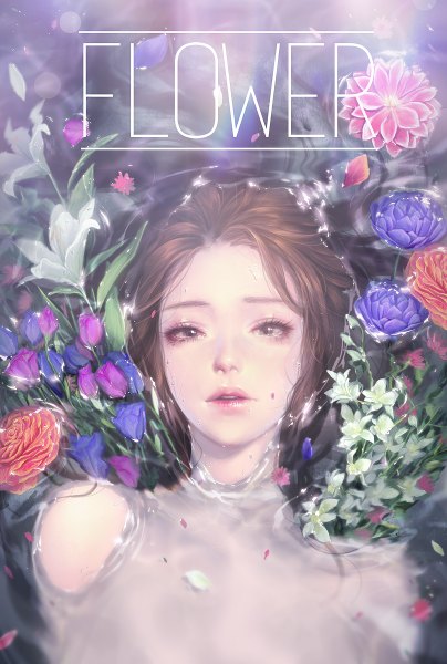 Anime picture 808x1200 with original love cacao single long hair tall image looking at viewer brown hair lying lips black eyes realistic lipstick pink lipstick girl flower (flowers) water