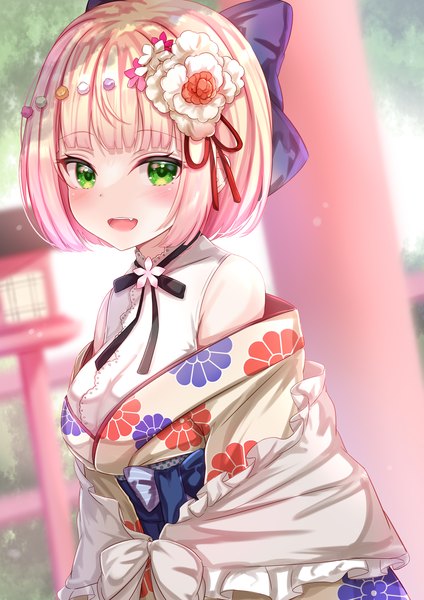 Anime picture 1447x2046 with virtual youtuber hololive momosuzu nene momosuzu nene (3rd costume) yuano single tall image looking at viewer short hair open mouth blonde hair green eyes upper body outdoors traditional clothes :d japanese clothes off shoulder official alternate costume floral print