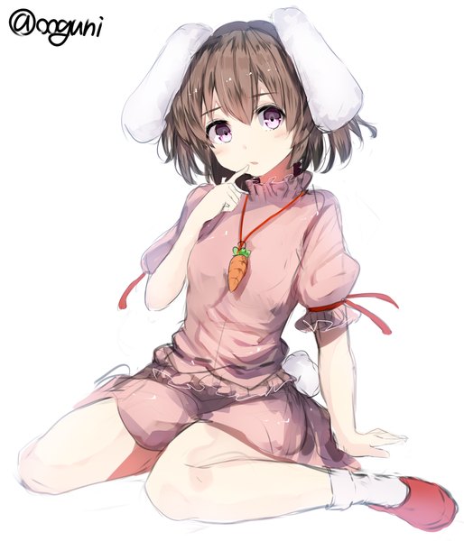 Anime picture 857x1000 with touhou inaba tewi wowoguni single tall image looking at viewer blush short hair simple background brown hair white background sitting purple eyes signed animal ears tail animal tail bunny ears finger to mouth wariza