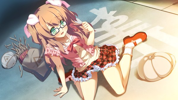 Anime picture 2560x1440 with naka no hito nado inai kirihara saori nimura yuuji long hair blush highres brown hair wide image green eyes game cg pantyshot sitting girl skirt miniskirt socks glasses white socks