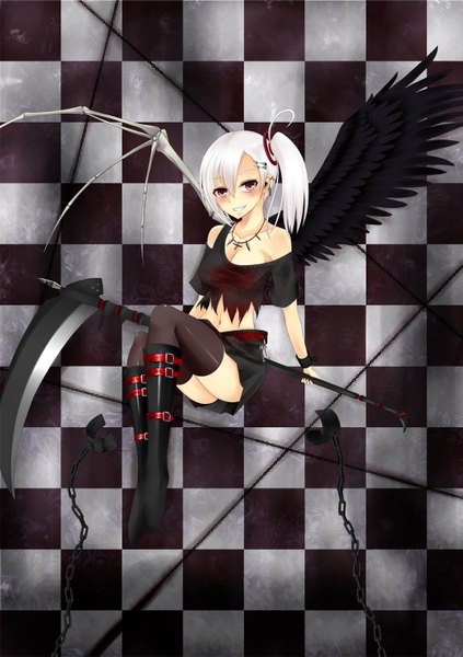 Anime picture 1069x1515 with original eri miko (artist) long hair tall image looking at viewer smile red eyes bare shoulders white hair ponytail midriff torn clothes side ponytail girl thighhighs skirt navel wings pendant blood