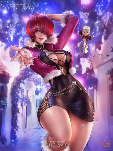 Anime picture 3000x4000 with the king of fighters snk shermie (kof) nanakase yashiro yam spectrum tall image looking at viewer fringe highres short hair breasts open mouth blue eyes light erotic large breasts standing signed white hair red hair arm up