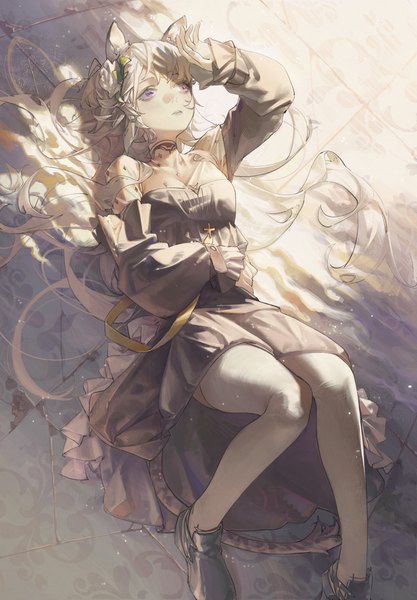 Anime picture 2438x3508 with arknights heavyrain (arknights) heavyrain (tranquil moss) (arknights) wushier single long hair tall image highres purple eyes animal ears looking away white hair lying arm up hair flower on back official alternate costume dust girl thighhighs