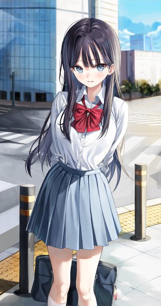 Anime picture 3500x6644 with original emyo single long hair tall image looking at viewer blush fringe highres blue eyes black hair smile standing absurdres sky cloud (clouds) outdoors pleated skirt piercing ear piercing