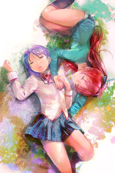 Anime picture 1090x1633 with mahou shoujo madoka magica shaft (studio) sakura kyouko miki sayaka osamu (mekarauroko 6) long hair tall image short hair multiple girls lying eyes closed multicolored hair sunlight legs sleeping girl skirt uniform bow 2 girls