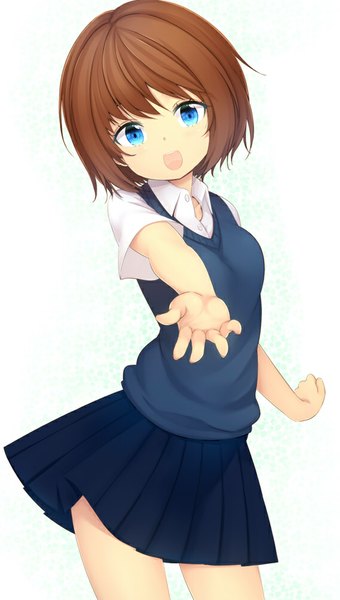 Anime picture 567x1000 with original zizi (zz22) single tall image looking at viewer short hair open mouth blue eyes smile brown hair standing pleated skirt girl skirt uniform school uniform sweater vest