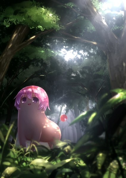 Anime picture 800x1132 with touhou komeiji satori ryosios single tall image short hair open mouth smile pink hair outdoors tail sunlight nature yukkuri shiteitte ne plant (plants) tree (trees) heart hairband grass forest