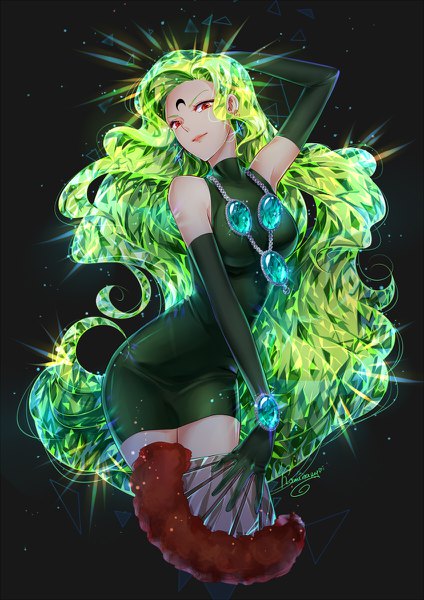 Anime picture 848x1200 with bishoujo senshi sailor moon toei animation esmeraude kaminary single tall image red eyes holding signed very long hair head tilt green hair black background arm behind head arched back glow shiny forehead mark girl dress