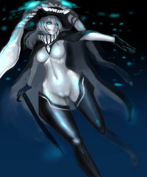 Anime picture 1000x1200 with kantai collection wo-class aircraft carrier kumiko shiba single long hair tall image looking at viewer fringe breasts light erotic aqua eyes grey hair covered navel glowing glowing eye (eyes) shinkaisei-kan girl gloves