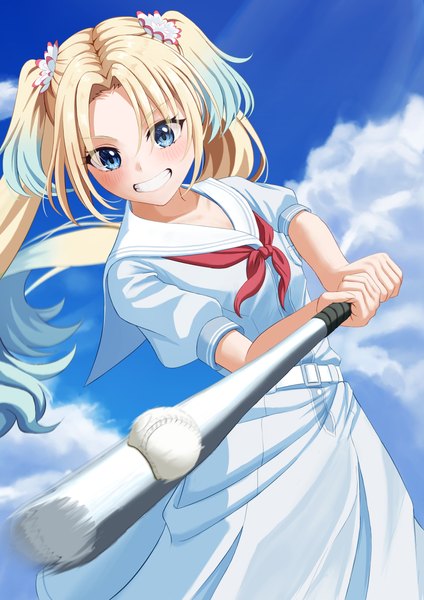 Anime picture 1881x2660 with link! like! love live! sunrise (studio) love live! osawa rurino wachida 01d single long hair tall image blush highres blue eyes blonde hair smile twintails holding sky cloud (clouds) outdoors one eye closed hair flower
