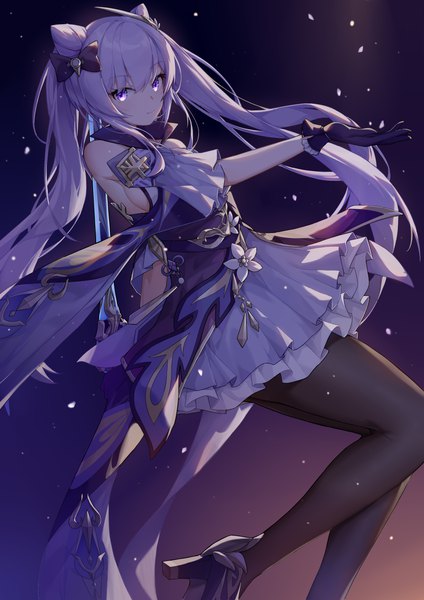 Anime picture 2894x4093 with genshin impact keqing (genshin impact) wood cube single long hair tall image looking at viewer fringe highres breasts simple background hair between eyes purple eyes twintails bare shoulders payot purple hair bent knee (knees) traditional clothes high heels
