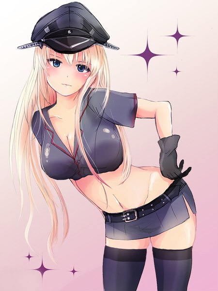 Anime picture 600x800 with kantai collection bismarck battleship hatoneko single long hair tall image looking at viewer blush breasts blue eyes light erotic blonde hair pleated skirt bare belly sparkle leaning leaning forward girl thighhighs skirt