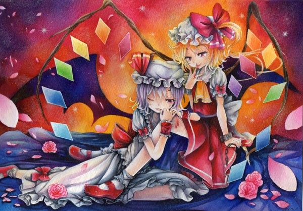 Anime picture 1000x698 with touhou flandre scarlet remilia scarlet mosho looking at viewer short hair blonde hair red eyes sitting multiple girls purple hair one eye closed wink one side up finger to mouth traditional media watercolor (medium) girl dress skirt