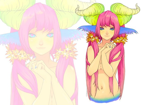 Anime picture 1400x1040 with original hanee (artist) single long hair looking at viewer blue eyes light erotic twintails pink hair nail polish pink eyes hair flower horn (horns) light smile head wings zoom layer multicolored eyes girl navel hair ornament