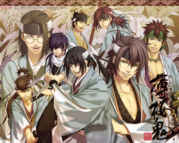 Anime picture 1280x1024 with hakuouki shinsengumi kitan studio deen tagme (character) okita souji (hakuouki) sanosuke harada toudou heisuke black hair brown hair brown eyes purple hair japanese clothes group military jpeg artifacts shinsengumi girl boy weapon petals sword