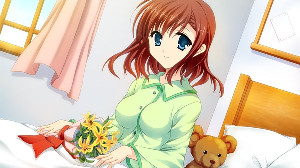 Anime picture 2048x1152 with namima no kuni no faust highres short hair blue eyes wide image game cg red hair girl flower (flowers) bed teddy bear pajamas