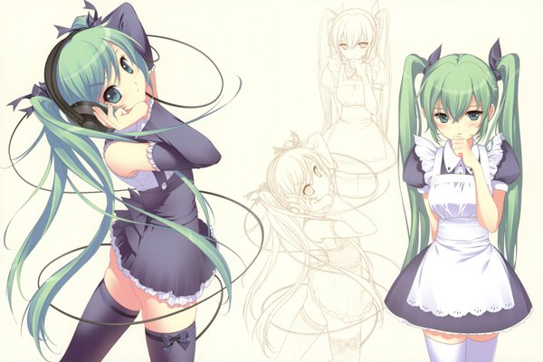Anime picture 2000x1336 with vocaloid hatsune miku shirahane nao single highres white background twintails multiple girls green eyes green hair scan maid third-party edit dual persona outline cropped detexted girl thighhighs dress